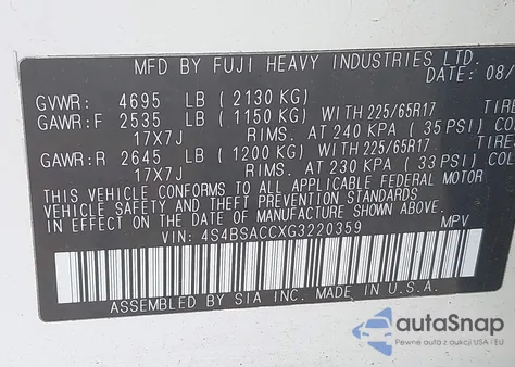 2016 Subaru Outback 2.5I Premium z USA, uszkodzony, nr VIN 4S4BSACCXG3220359